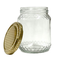 Load image into Gallery viewer, Glass Honey Jar - Honeycomb Theme - 500g - Box 24 - Embossed - Waggle &amp; Forage - Live Slow - Bee Kind - Kyneton - Victoria - Australia