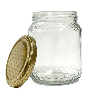 Glass Honey Jar - Honeycomb Theme - 500g - Box 24 - Embossed - Waggle & Forage - Live Slow - Bee Kind - Kyneton - Victoria - Australia