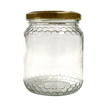 Load image into Gallery viewer, Glass Honey Jar - Honeycomb Theme - 500g - Box 24 - Embossed - Waggle &amp; Forage - Live Slow - Bee Kind - Kyneton - Victoria - Australia