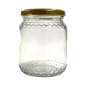 Glass Honey Jar - Honeycomb Theme - 500g - Box 24 - Embossed - Waggle & Forage - Live Slow - Bee Kind - Kyneton - Victoria - Australia