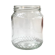 Load image into Gallery viewer, Glass Honey Jar - Honeycomb Theme - 500g - Box 24 - Embossed - Waggle &amp; Forage - Live Slow - Bee Kind - Kyneton - Victoria - Australia