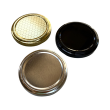 Load image into Gallery viewer, 63mm Honey Jar Lids - Golden Honeycomb - Black - Silver - Massilly - Live Slow - Bee Kind - Waggle &amp; Forage - Kyneton - Victoria - Australia