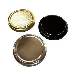 63mm Honey Jar Lids - Golden Honeycomb - Black - Silver - Massilly - Live Slow - Bee Kind - Waggle & Forage - Kyneton - Victoria - Australia