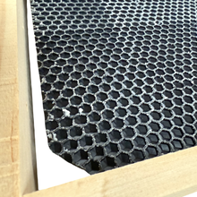 Load image into Gallery viewer, Close-up of a honeycomb filter with a wooden frame - Full Depth Frame - Aust. Made Plastic, Waxed Foundation - Black Plastic Foundation - Waggle &amp; Forage - Live Slow - Bee Kind - Kyneton - Victoria - Australia