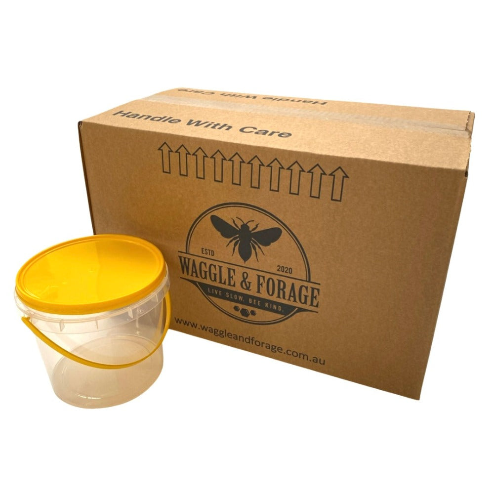 3kg Honey Pails/Buckets - Box 65 - Australian Made - Food Grade - Tamper Evident - Live Slow - Bee Kind - Waggle & Forage - Kyneton - Victoria - Australia