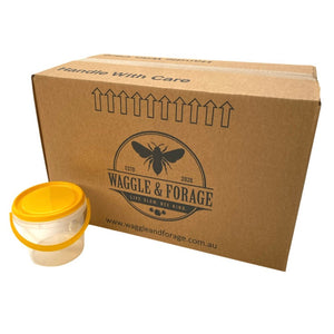 1kg Honey Pails/Buckets - Box 60 - Australian Made - Food Grade - Yellow Lid - Live Slow - Bee Kind - Waggle & Forage - Kyneton - Victoria - Australia