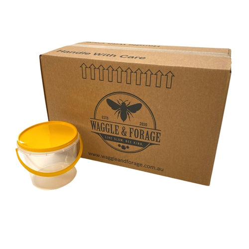 1.5kg Honey Pails/Buckets - Box 32 - Australian Made - Yellow Lid - Food Grade - Live Slow - Bee Kind - Waggle & Forage - Kyneton - Victoria - Australia