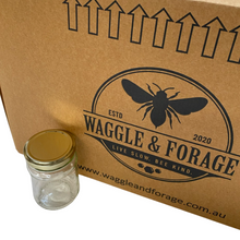 Load image into Gallery viewer, 325g (250ml) Glass Honey Jar - Box 32 - Aust Made - Flint Jar - Lid - Live Slow - Bee Kind - Waggle &amp; Forage - Kyneton - Victoria - Australia