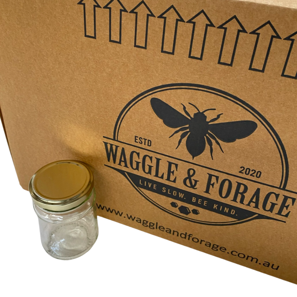 325g (250ml) Glass Honey Jar - Box 32 - Aust Made - Flint Jar - Lid - Live Slow - Bee Kind - Waggle & Forage - Kyneton - Victoria - Australia