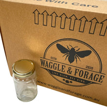 Load image into Gallery viewer, 500g (375ml) Glass Honey Jar - Box 32 - Australian Made - Flint Jar - With Lid - Live Slow - Bee Kind - Waggle &amp; Forage - Kyneton - Victoria - Australia