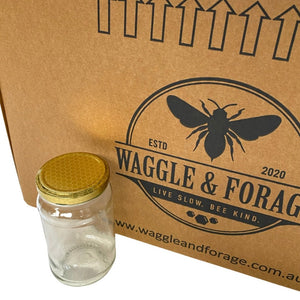 500g (375ml) Glass Honey Jar - Box 32 - Australian Made - Flint Jar - With Lid - Live Slow - Bee Kind - Waggle & Forage - Kyneton - Victoria - Australia