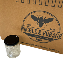 Load image into Gallery viewer, 325g (250ml) Glass Honey Jar - Box 32 - Aust Made - Flint Jar - Lid - Live Slow - Bee Kind - Waggle &amp; Forage - Kyneton - Victoria - Australia